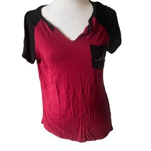 Popular Basics Womens Raglan Short Sleeve Pocket Tee S Red Black Be Happy